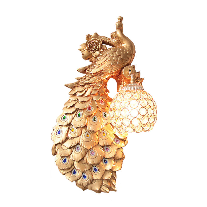 Rustic Crystal Ball Sconce: Peacock & Rose Decor, Single Bulb Wall Mounted Light in White/Blue/Green - Left/Right