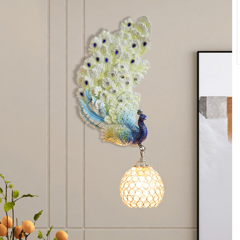 Retro Style Peacock Wall Sconce Light with Clear K9 Crystal Shade in White/Blue/Green - Left/Right Hand Option