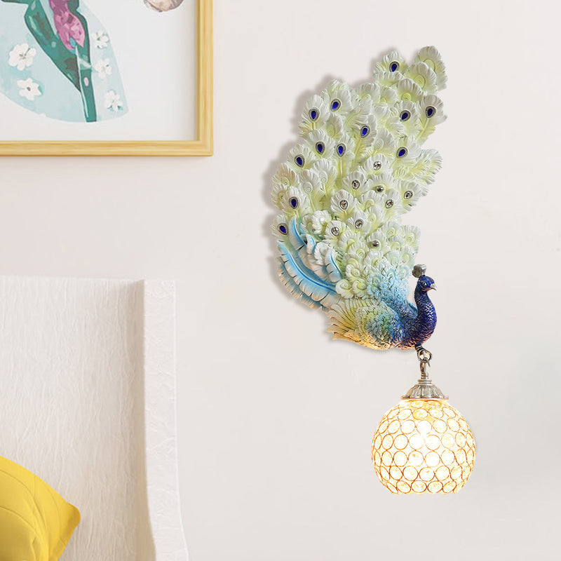 Retro Style Peacock Wall Sconce Light with Clear K9 Crystal Shade in White/Blue/Green - Left/Right Hand Option
