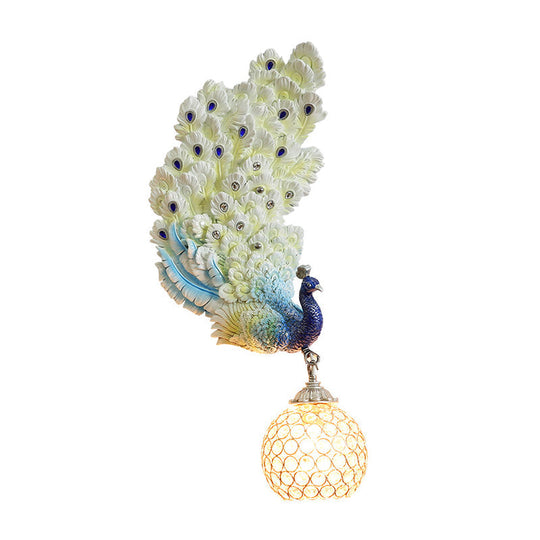 Retro Style Peacock Wall Sconce Light with Clear K9 Crystal Shade in White/Blue/Green - Left/Right Hand Option