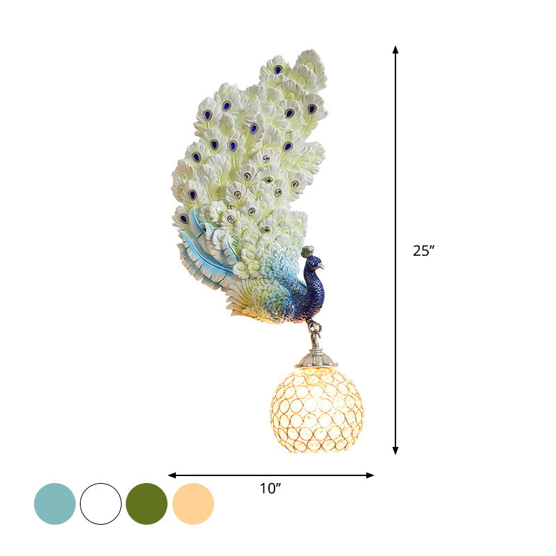 Retro Style Peacock Wall Sconce Light with Clear K9 Crystal Shade in White/Blue/Green - Left/Right Hand Option