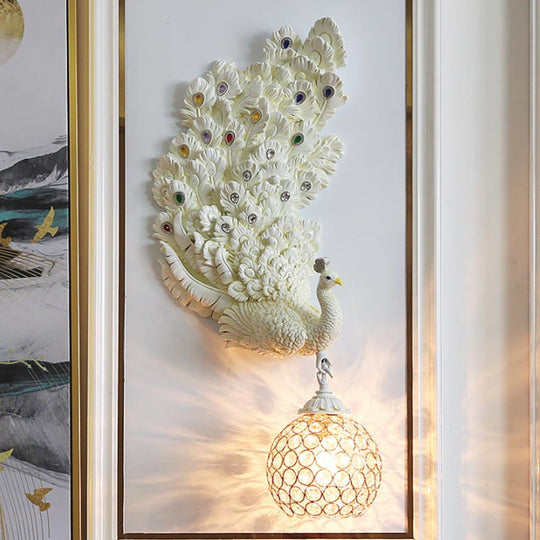 Retro Style Peacock Wall Sconce Light with Clear K9 Crystal Shade in White/Blue/Green - Left/Right Hand Option