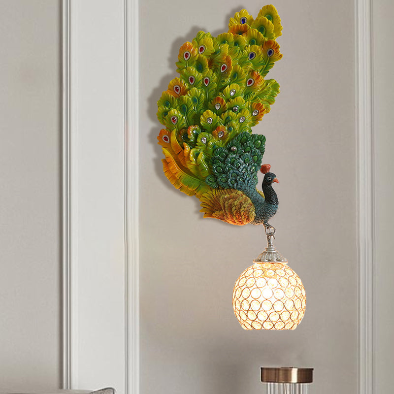 Retro Style Peacock Wall Sconce Light with Clear K9 Crystal Shade in White/Blue/Green - Left/Right Hand Option