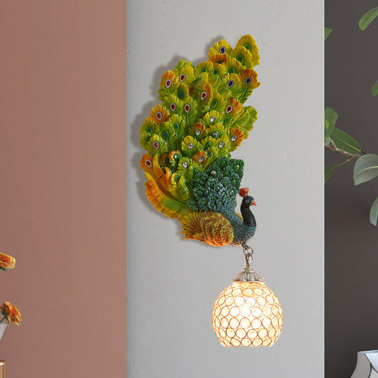 Retro Style Peacock Wall Sconce Light with Clear K9 Crystal Shade in White/Blue/Green - Left/Right Hand Option