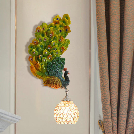 Retro Style Peacock Wall Sconce Light with Clear K9 Crystal Shade in White/Blue/Green - Left/Right Hand Option