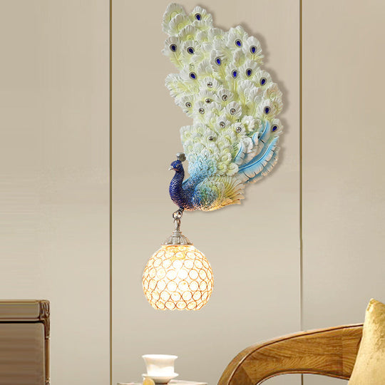Retro Style Peacock Wall Sconce Light with Clear K9 Crystal Shade in White/Blue/Green - Left/Right Hand Option