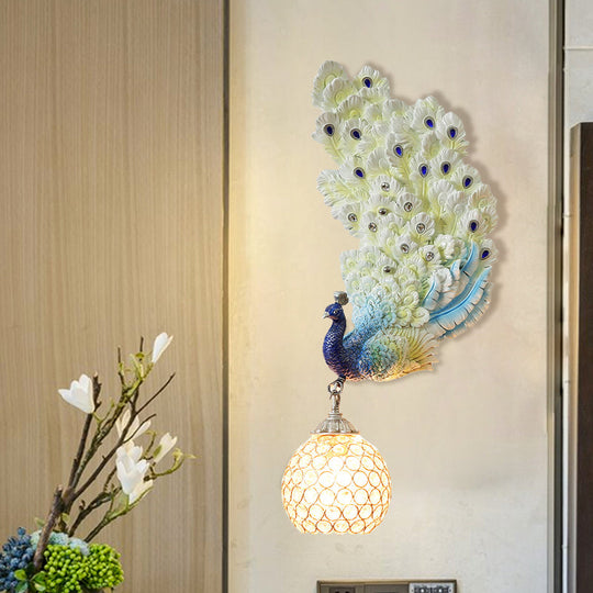 Retro Style Peacock Wall Sconce Light with Clear K9 Crystal Shade in White/Blue/Green - Left/Right Hand Option