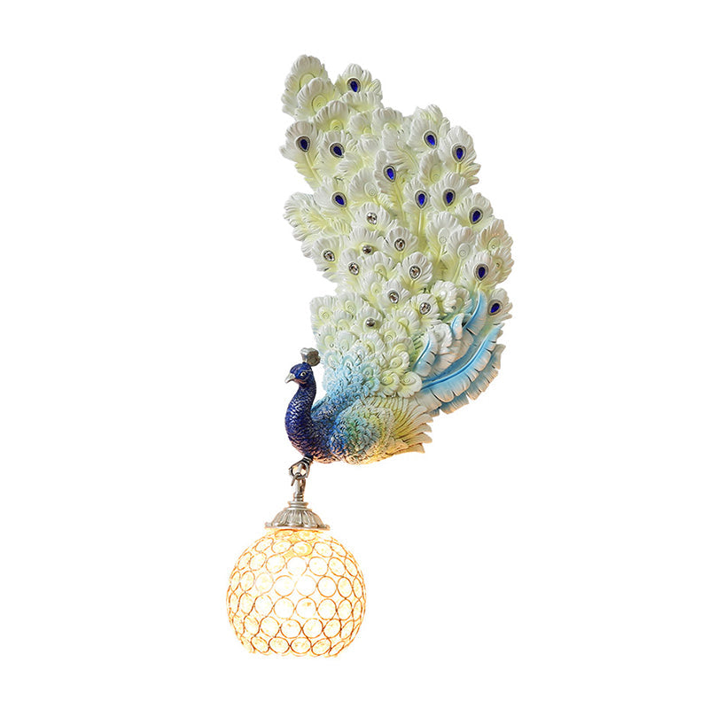 Retro Style Peacock Wall Sconce Light with Clear K9 Crystal Shade in White/Blue/Green - Left/Right Hand Option