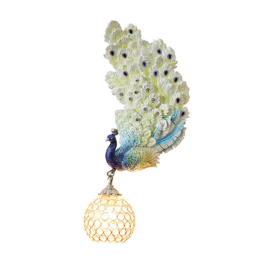 Retro Style Peacock Wall Sconce Light with Clear K9 Crystal Shade in White/Blue/Green - Left/Right Hand Option