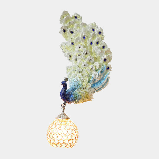 Retro Style Peacock Wall Sconce Light with Clear K9 Crystal Shade in White/Blue/Green - Left/Right Hand Option