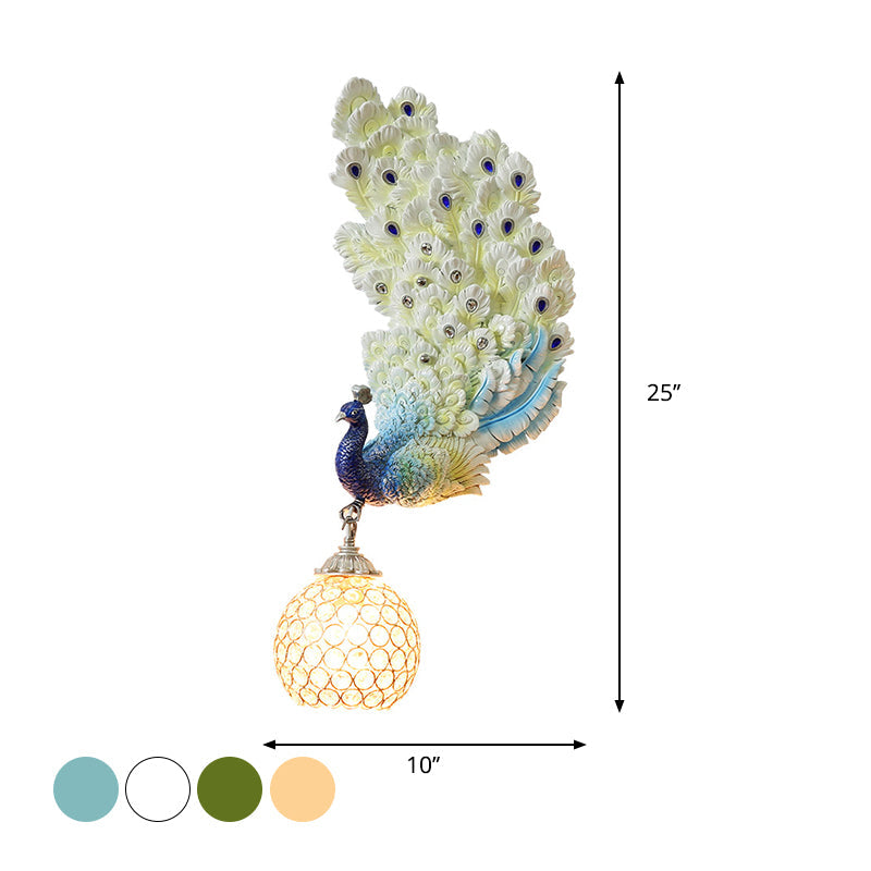 Retro Style Peacock Wall Sconce Light with Clear K9 Crystal Shade in White/Blue/Green - Left/Right Hand Option