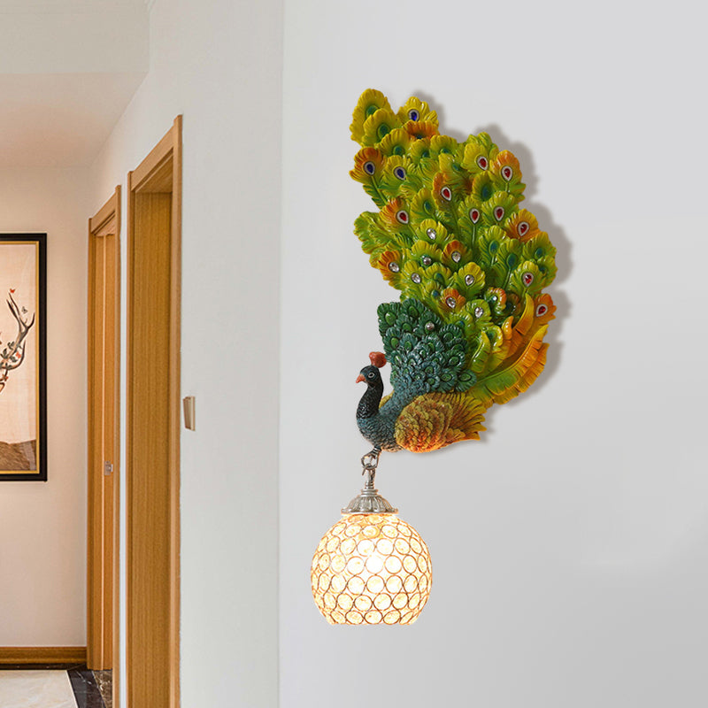 Retro Style Peacock Wall Sconce Light with Clear K9 Crystal Shade in White/Blue/Green - Left/Right Hand Option