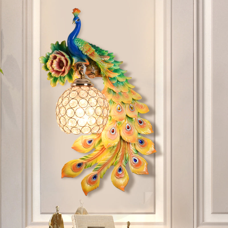 Modern Resin Flower and Peacock Wall Lamp - Dining Room Fixture with Clear K9 Crystal Shade in White/Yellow/Orange