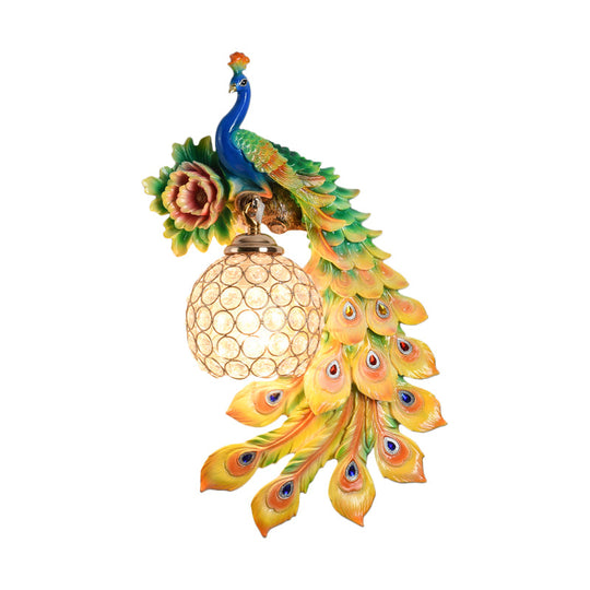 Modern Resin Flower and Peacock Wall Lamp - Dining Room Fixture with Clear K9 Crystal Shade in White/Yellow/Orange