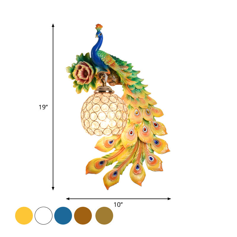 Modern Resin Flower and Peacock Wall Lamp - Dining Room Fixture with Clear K9 Crystal Shade in White/Yellow/Orange
