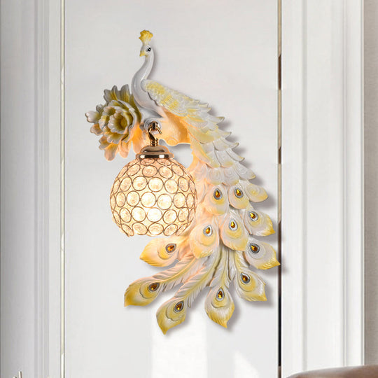 Modern Resin Flower and Peacock Wall Lamp - Dining Room Fixture with Clear K9 Crystal Shade in White/Yellow/Orange
