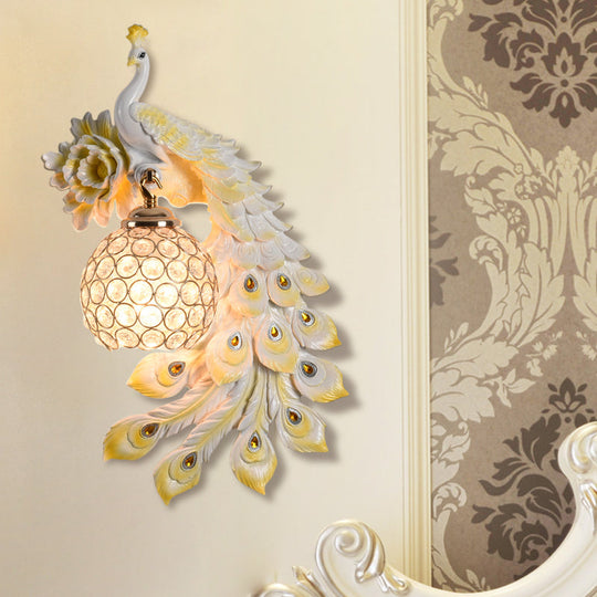 Modern Resin Flower and Peacock Wall Lamp - Dining Room Fixture with Clear K9 Crystal Shade in White/Yellow/Orange