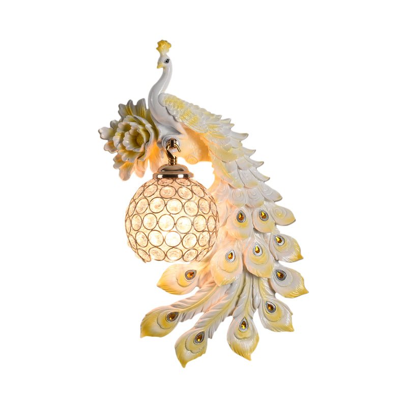 Modern Resin Flower and Peacock Wall Lamp - Dining Room Fixture with Clear K9 Crystal Shade in White/Yellow/Orange