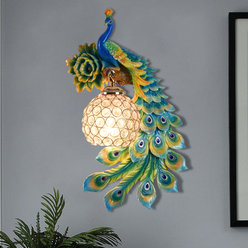 Modern Resin Flower and Peacock Wall Lamp - Dining Room Fixture with Clear K9 Crystal Shade in White/Yellow/Orange