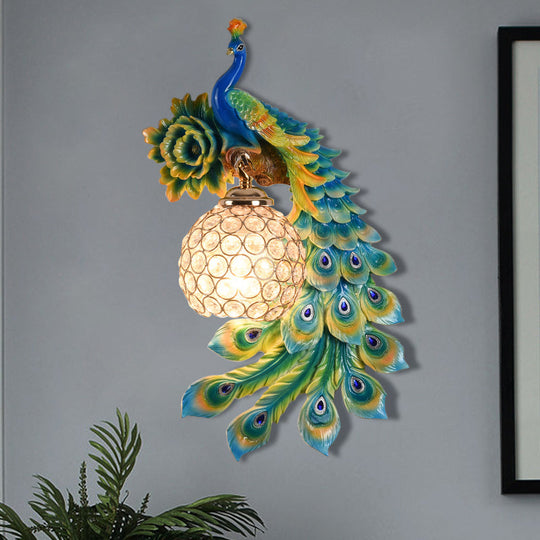Modern Resin Flower and Peacock Wall Lamp - Dining Room Fixture with Clear K9 Crystal Shade in White/Yellow/Orange
