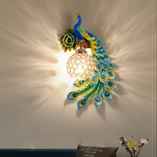 Modern Resin Flower and Peacock Wall Lamp - Dining Room Fixture with Clear K9 Crystal Shade in White/Yellow/Orange