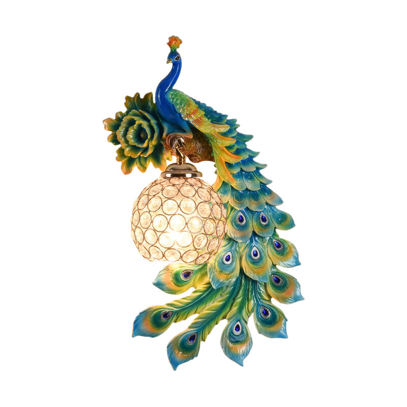 Modern Resin Flower and Peacock Wall Lamp - Dining Room Fixture with Clear K9 Crystal Shade in White/Yellow/Orange