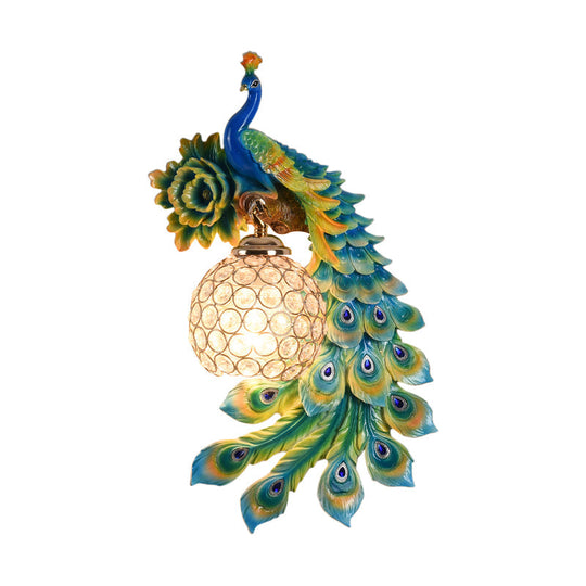 Modern Resin Flower and Peacock Wall Lamp - Dining Room Fixture with Clear K9 Crystal Shade in White/Yellow/Orange