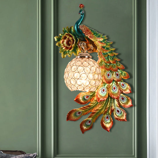 Modern Resin Flower and Peacock Wall Lamp - Dining Room Fixture with Clear K9 Crystal Shade in White/Yellow/Orange