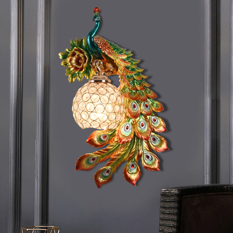 Modern Resin Flower and Peacock Wall Lamp - Dining Room Fixture with Clear K9 Crystal Shade in White/Yellow/Orange
