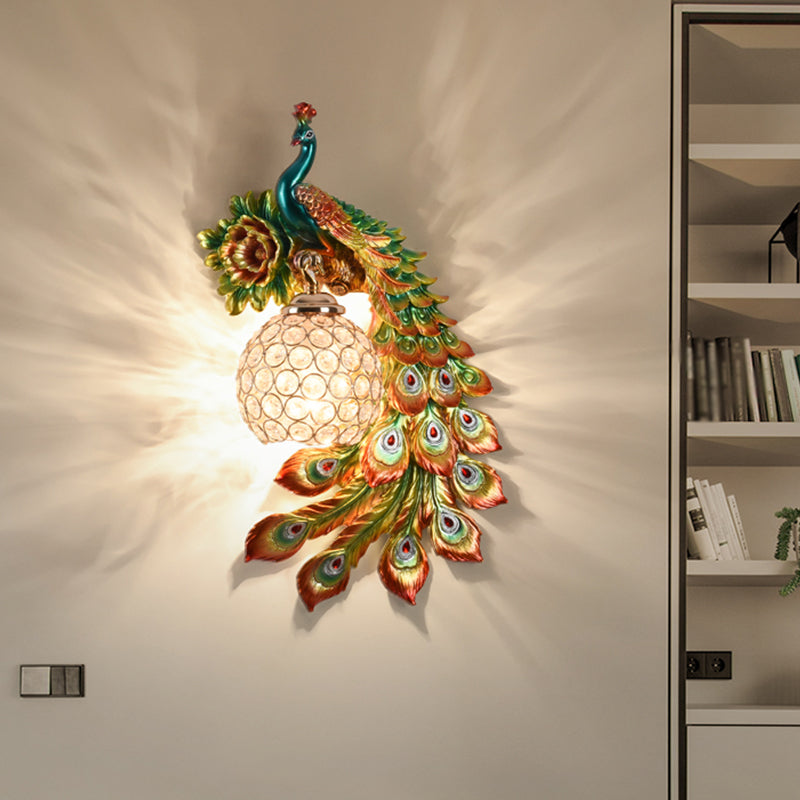 Modern Resin Flower and Peacock Wall Lamp - Dining Room Fixture with Clear K9 Crystal Shade in White/Yellow/Orange