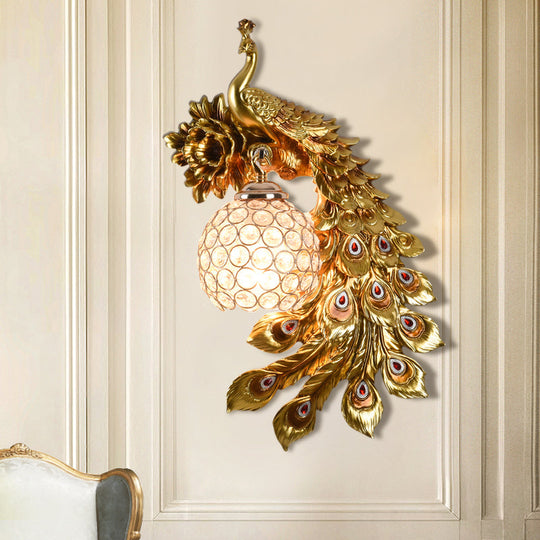 Modern Resin Flower and Peacock Wall Lamp - Dining Room Fixture with Clear K9 Crystal Shade in White/Yellow/Orange