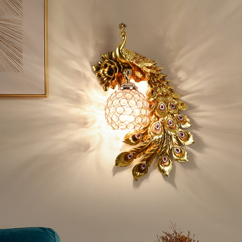 Modern Resin Flower and Peacock Wall Lamp - Dining Room Fixture with Clear K9 Crystal Shade in White/Yellow/Orange