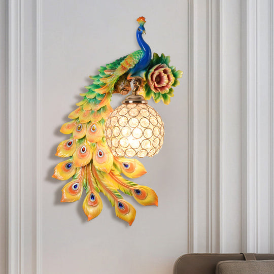 Modern Resin Flower and Peacock Wall Lamp - Dining Room Fixture with Clear K9 Crystal Shade in White/Yellow/Orange