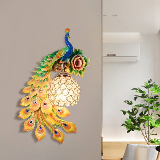 Modern Resin Flower and Peacock Wall Lamp - Dining Room Fixture with Clear K9 Crystal Shade in White/Yellow/Orange