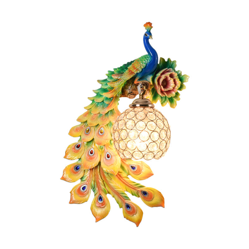 Modern Resin Flower and Peacock Wall Lamp - Dining Room Fixture with Clear K9 Crystal Shade in White/Yellow/Orange