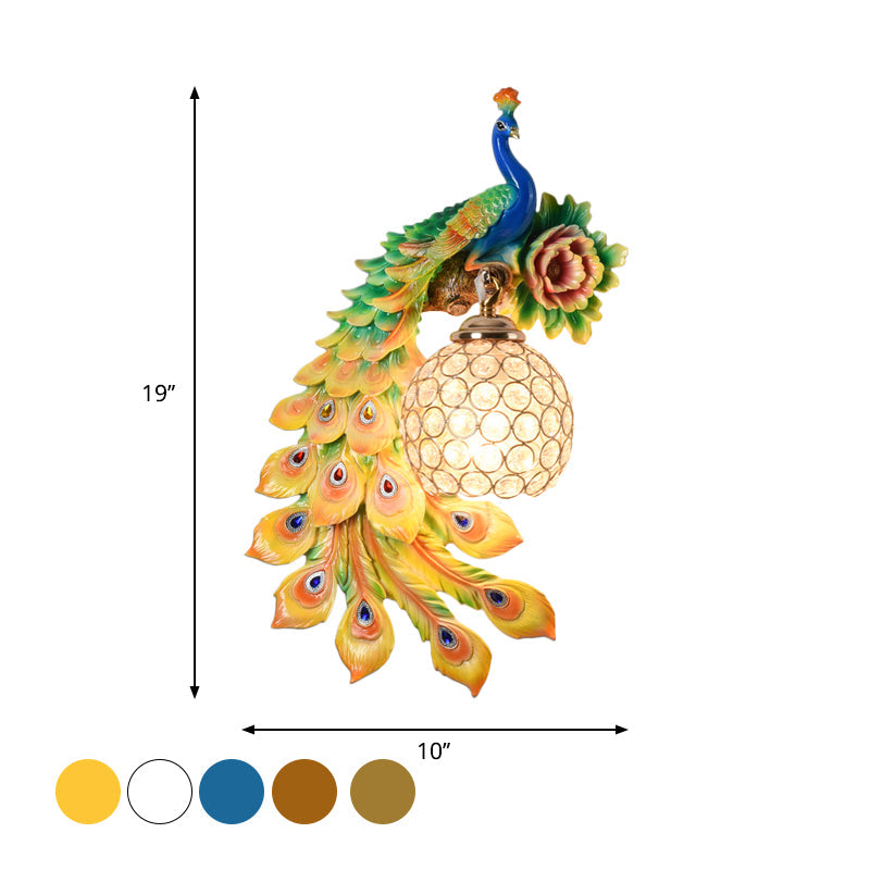 Modern Resin Flower and Peacock Wall Lamp - Dining Room Fixture with Clear K9 Crystal Shade in White/Yellow/Orange