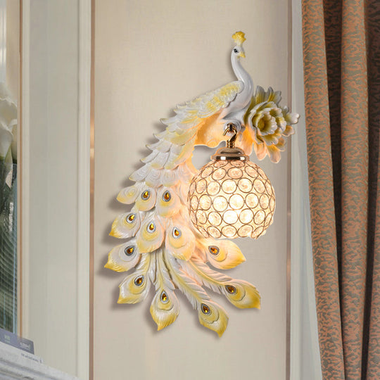Modern Resin Flower and Peacock Wall Lamp - Dining Room Fixture with Clear K9 Crystal Shade in White/Yellow/Orange