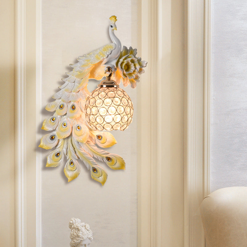 Modern Resin Flower and Peacock Wall Lamp - Dining Room Fixture with Clear K9 Crystal Shade in White/Yellow/Orange