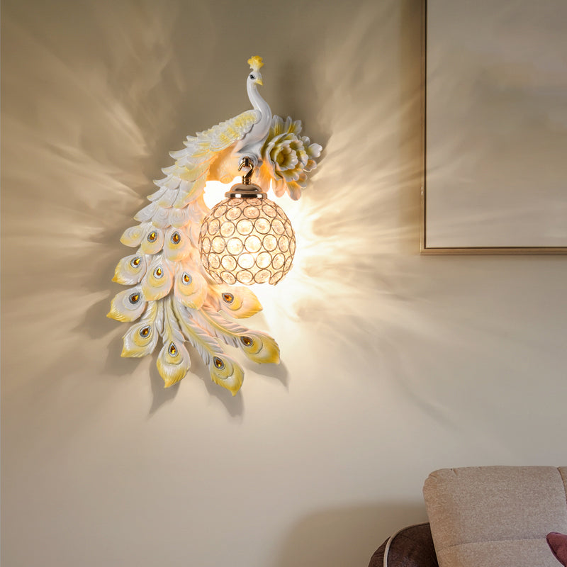 Modern Resin Flower and Peacock Wall Lamp - Dining Room Fixture with Clear K9 Crystal Shade in White/Yellow/Orange