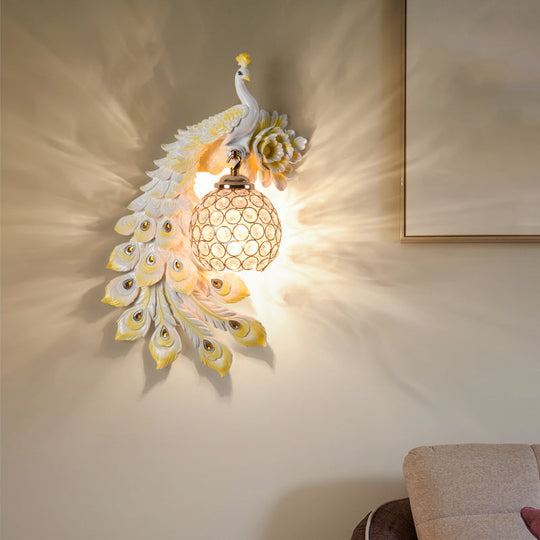 Modern Resin Flower and Peacock Wall Lamp - Dining Room Fixture with Clear K9 Crystal Shade in White/Yellow/Orange