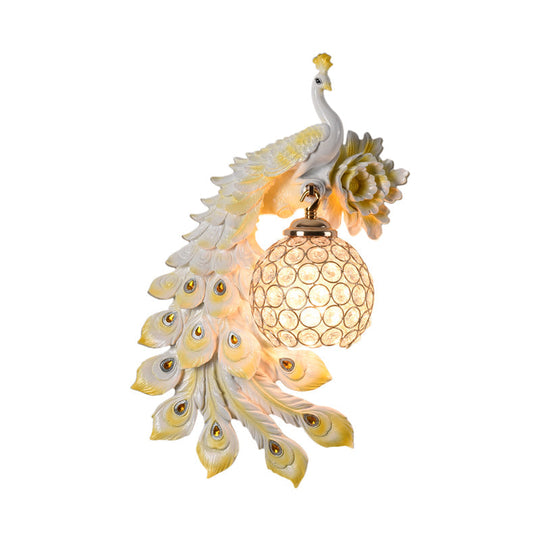 Modern Resin Flower and Peacock Wall Lamp - Dining Room Fixture with Clear K9 Crystal Shade in White/Yellow/Orange