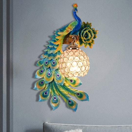 Modern Resin Flower and Peacock Wall Lamp - Dining Room Fixture with Clear K9 Crystal Shade in White/Yellow/Orange
