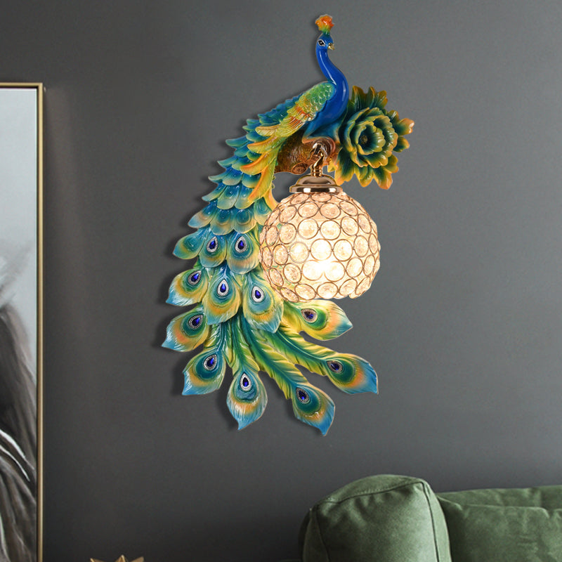 Modern Resin Flower and Peacock Wall Lamp - Dining Room Fixture with Clear K9 Crystal Shade in White/Yellow/Orange