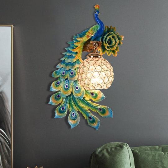Modern Resin Flower and Peacock Wall Lamp - Dining Room Fixture with Clear K9 Crystal Shade in White/Yellow/Orange