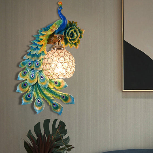 Modern Resin Flower and Peacock Wall Lamp - Dining Room Fixture with Clear K9 Crystal Shade in White/Yellow/Orange