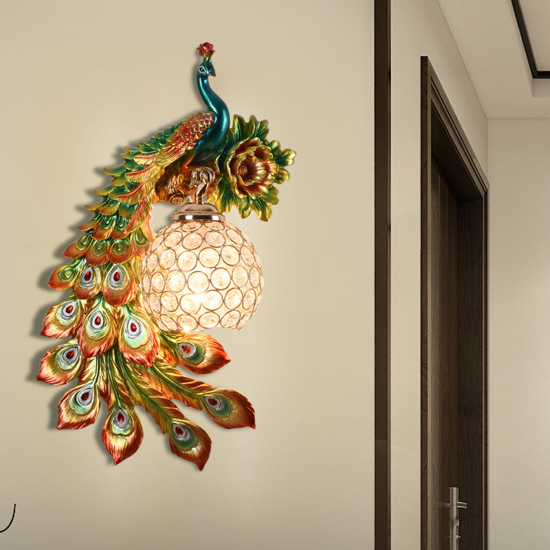 Modern Resin Flower and Peacock Wall Lamp - Dining Room Fixture with Clear K9 Crystal Shade in White/Yellow/Orange