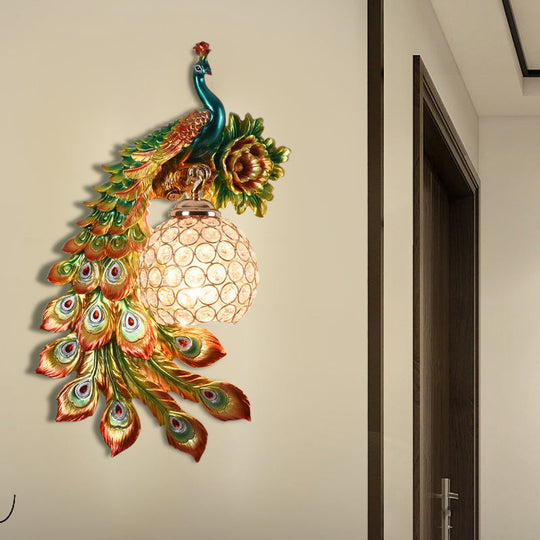 Modern Resin Flower and Peacock Wall Lamp - Dining Room Fixture with Clear K9 Crystal Shade in White/Yellow/Orange