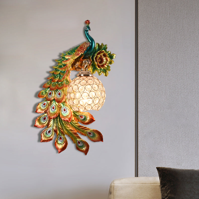 Modern Resin Flower and Peacock Wall Lamp - Dining Room Fixture with Clear K9 Crystal Shade in White/Yellow/Orange