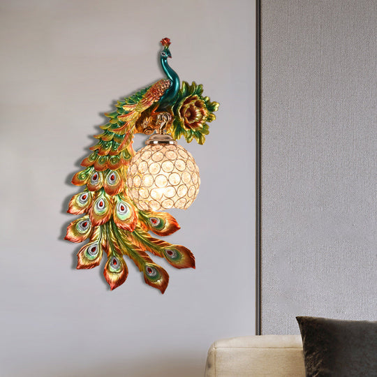 Modern Resin Flower and Peacock Wall Lamp - Dining Room Fixture with Clear K9 Crystal Shade in White/Yellow/Orange
