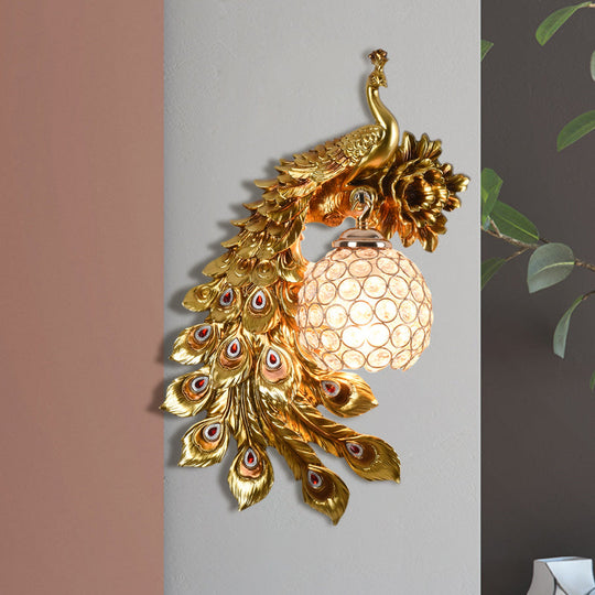 Modern Resin Flower and Peacock Wall Lamp - Dining Room Fixture with Clear K9 Crystal Shade in White/Yellow/Orange